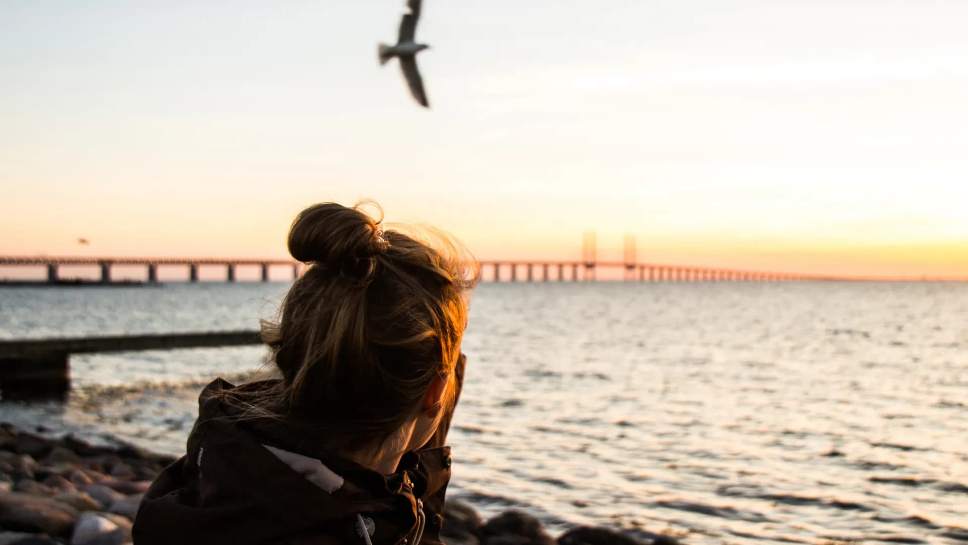 Kvinna framför Öresundsbron i solnedgången.